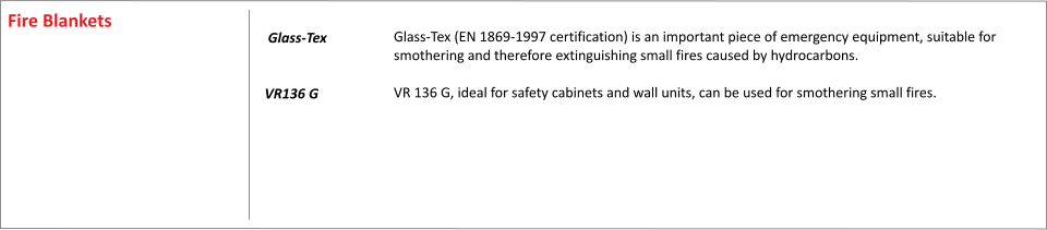 Glass-Tex (EN 1869-1997 certification) is an important piece of emergency equipment, suitable for smothering and therefore extinguishing small fires caused by hydrocarbons.  VR 136 G, ideal for safety cabinets and wall units, can be used for smothering small fires.      	     Glass-Tex 	  VR136 G	  Fire Blankets
