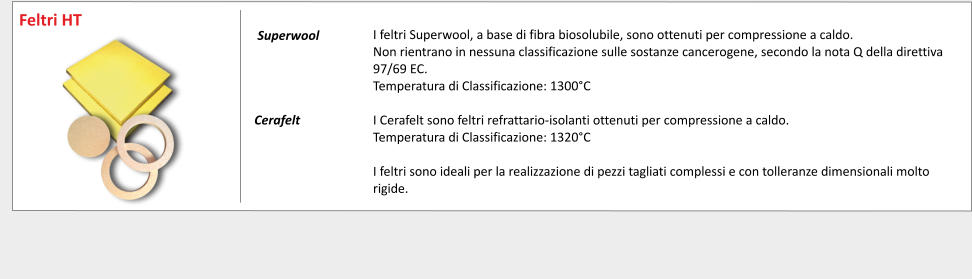 I feltri Superwool, a base di fibra biosolubile, sono ottenuti per compressione a caldo. Non rientrano in nessuna classificazione sulle sostanze cancerogene, secondo la nota Q della direttiva 97/69 EC. Temperatura di Classificazione: 1300C  I Cerafelt sono feltri refrattario-isolanti ottenuti per compressione a caldo. Temperatura di Classificazione: 1320C  I feltri sono ideali per la realizzazione di pezzi tagliati complessi e con tolleranze dimensionali molto rigide.   	 	     Superwool 	    Cerafelt	   Feltri HT