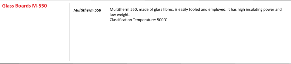 Multitherm 550, made of glass fibres, is easily tooled and employed. It has high insulating power and low weight. Classification Temperature: 500C      Multitherm 550  Glass Boards M-550